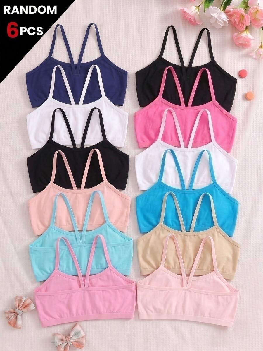 6pcs Random Color Girls Basic Comfortable Seamless Camisole Bra, Soft Non-Wired Bra For Adolescents, Suitable For Sports And Daily Wear - Multicolor - View 1