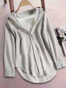 Women's Striped Color Block Button Front Shirt, Asymmetric Hem Collared Long Sleeve Top For Business, Office, Home, Vacation,Spring Summer Fall Winter - Grey - View 4