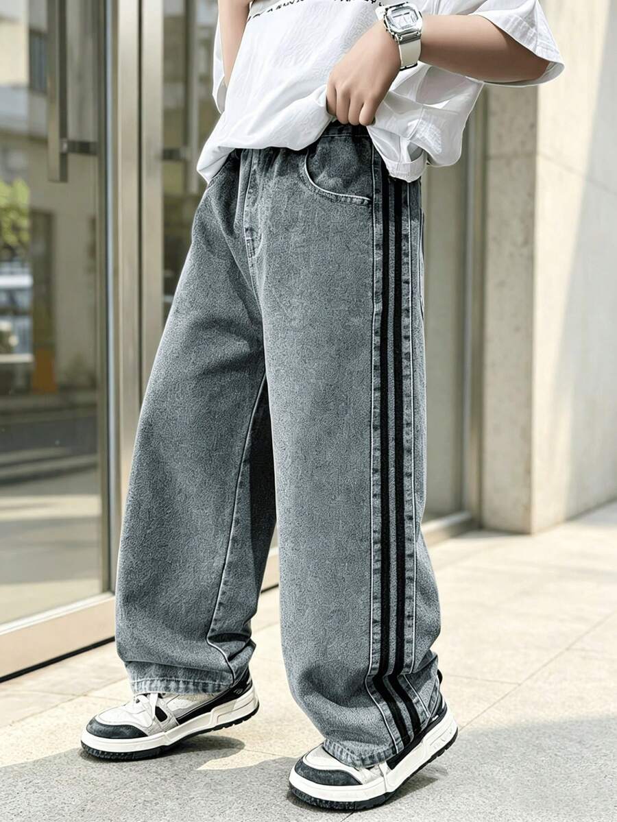 Boys' Denim Wide Leg Pants 2026 Spring/Autumn New Style Personalized Denim Long Pants For Big Kids - Medium Wash - View 1
