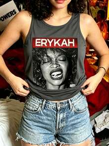 Women's Erykah Badu Print Tank Top, Retro Soul Sleeveless Tops, Western Outfits For Women, Black Tops, Summer Tops - 灰色 - 查看 1