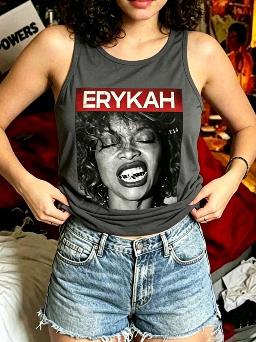 Women's Erykah Badu Print Tank Top, Retro Soul Sleeveless Tops, Western Outfits For Women, Black Tops, Summer Tops - 灰色 - 查看 1