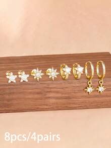 8PCS Sparkling Zirconia Star Hoop Earrings Set For Woman 18K Gold Plated Stainless Steel Octagram Ear Stud Fashion Daily Wear Jewelry - 8PCS-gold - View 5