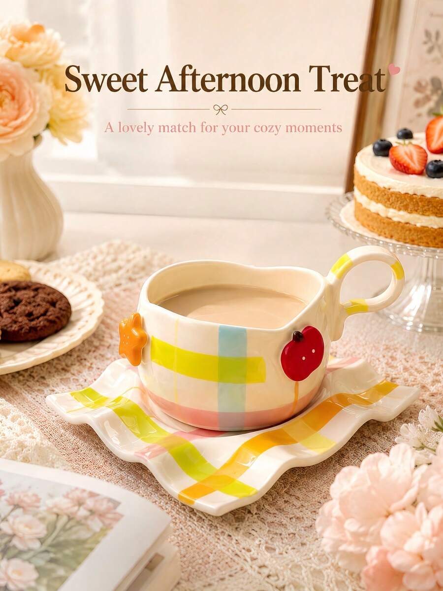 Macaron-farbiges asymmetrisches Tasse & Untertasse Set, Nachmittagstee Set, Latte Art Kaffeetasse, Milchbecher, Eisbecher, Frühstückstasse, Saftbecher, 3D geprägte Fruchtdekoration, geeignet für Zuhause, Schule, Büro, Restaurant und Café Nutzung, Feiertagsgeschenk, Geburtstagsgeschenk, Abschlussgeschenk - Verschiedenfarbig - Übersicht 1