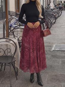 Women's Fashion Holiday Cashew Pattern Printed Pleated Maxi Skirt - Red - View 5