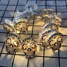 1pc 10 LED Skull String Lights With Vibrant Floral Pattern - Battery Powered (Batteries Not Included), Suitable For Halloween, Day Of The Dead, Haunted House And Home Decor - Plastic Material, Switch Control, No Plug Required, Halloween Decoration - Multicolor - View 3