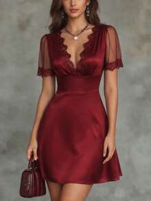 Vestido feminino Vuslat de verão em cetim, elegante, com patchwork de renda, cintura marcada, sexy, decote em V, manga curta, cor bordeaux, adequado para festas elegantes, cerimónias de graduação, convidados de casamento, uso no escritório, passeios de verão, roupas de férias, Dia da Independência - Vermelho - Ver 4