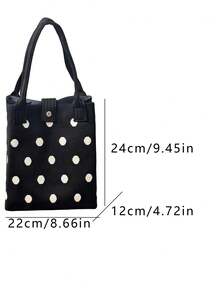 Black White Polka Dot Woven Mini Hand Bag, Single Top Handle Snap Button Closure Compact Handbag For Daily Shopping Commute - Black - View 2