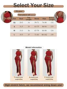 Women's Summer Sexy Solid Color One-Shoulder Ruched Slim Fit Crop Top And Hollow Out High Side Split Skirt Two-Piece Set Red Elegant - Red - View 6