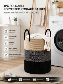 1pc Foldable Polyester Storage Basket, 2D Flat Print Round Striped Design, Collapsible Laundry Basket, Suitable For Bathroom And Laundry Room, Home Storage, Space-Saving, Lightweight And Durable, Summer Storage Decor, Dorm Use - Multicolor - View 2