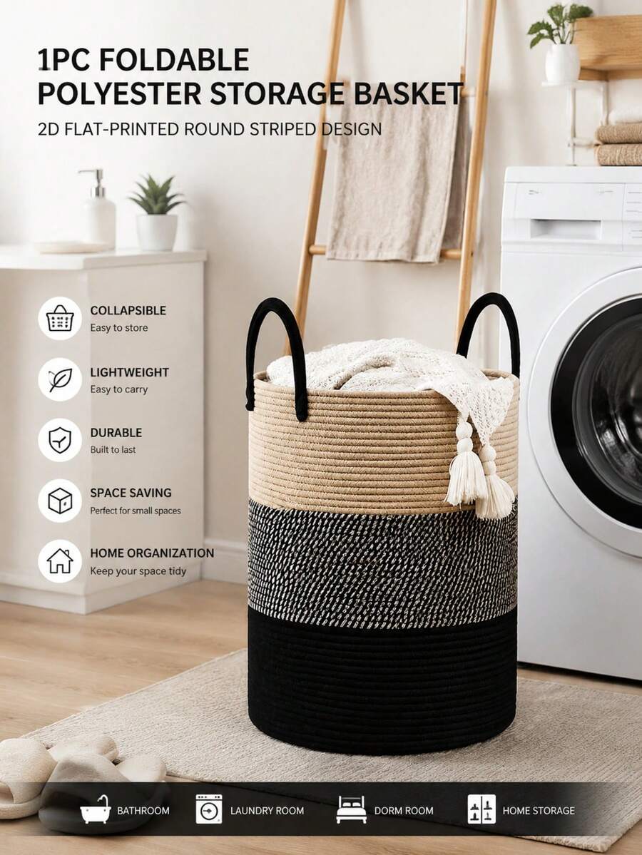 1pc Foldable Polyester Storage Basket, 2D Flat Print Round Striped Design, Collapsible Laundry Basket, Suitable For Bathroom And Laundry Room, Home Storage, Space-Saving, Lightweight And Durable, Summer Storage Decor, Dorm Use