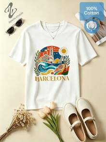 BARCELONA Vibrant Tropical Cotton Sagrada Familia Print Graphic T-Shirt For Summer Holiday - 白色 - 查看 1