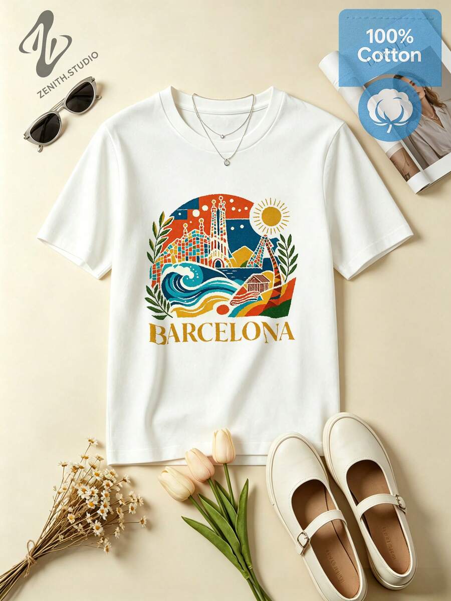 BARCELONA Vibrant Tropical Cotton Sagrada Familia Print Graphic T-Shirt For Summer Holiday - 白色 - 查看 1