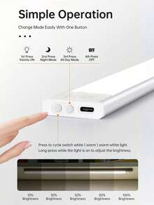 1pc Wireless LED Motion Sensor Light, 3 Color Modes, USB Rechargeable, Ultra-Thin Smart LED Cabinet Light With Charging Cable, Suitable For Cabinet, Kitchen, Bedroom, Stair Lighting - White - View 11