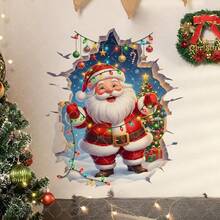 1pc Cartoon Santa Claus Smiling Holding Colorful String Lights Inside Faux Cracked Wall Opening 3D Broken Wall Effect Wall Sticker Self-Adhesive Easy Peel & Stick Removable Matte Finish For Living Room Christmas Decor Cute Festive - A - View 7