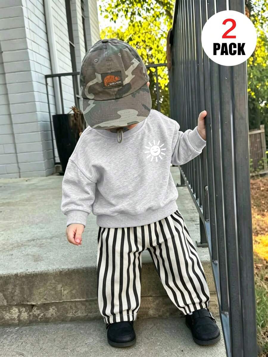 2pcs/Set Baby Boy Autumn/Winter Cartoon Sun Pattern Crew Neck Sweatshirt + Striped Pants Set, Loose Casual Style, Suitable For Daily Wear - Multicolor - View 1