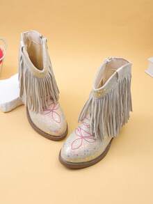 Girls' Kids' Short Mid-Calf Boots, Glitter Embroidered Tassel High Heel Western Boots, Color Block Round Toe Side Zipper - Beige - View 8