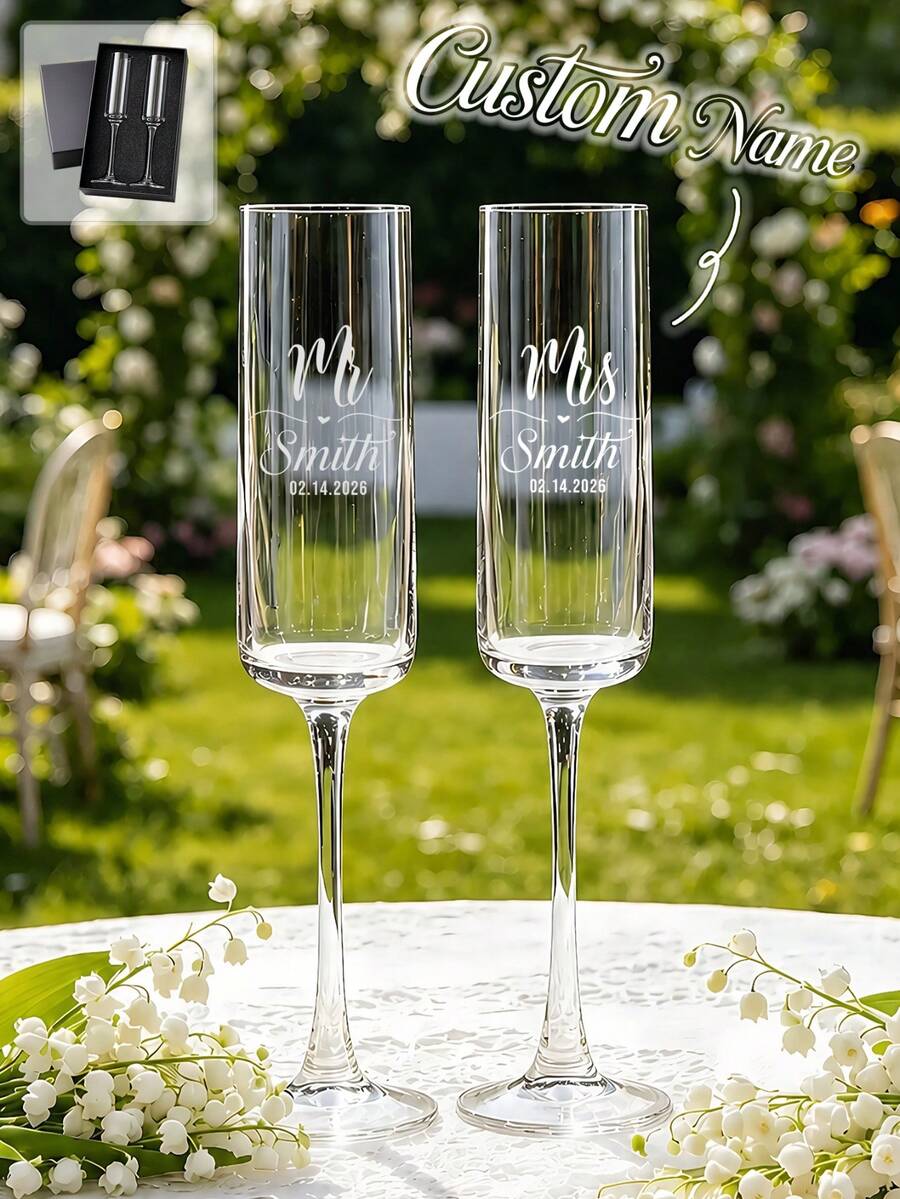 1pc/2pcs Personalized Wedding Champagne Glasses, Customized Name Crystal Wine Glass Set, 175ml 6oz With Optional Bow, Engraved Toasting Glasses - Multiple Stemmed Glasses 1 - View 1