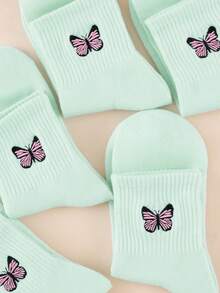 1/5/10 pares de calcetines de media caña acanalados, calcetines de media caña con bordado de mariposa exquisita estilo Y2K, suaves, cómodos, estéticos, casuales, de alta elasticidad, versátiles para todas las estaciones, para mujer - Azul Cadete - Ver 6