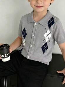 Back To School Boys Casual Colorblock Plaid Lapel Short Sleeve Lightweight Knit Cardigan Sweater For School Daily Wear Summer Autumn - Grey - View 1