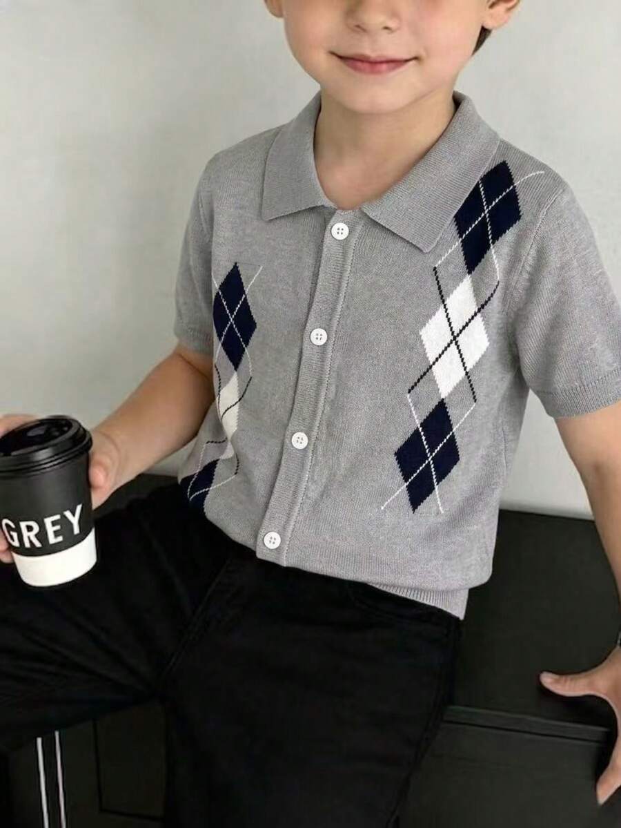 Back To School Boys Casual Colorblock Plaid Lapel Short Sleeve Lightweight Knit Cardigan Sweater For School Daily Wear Summer Autumn - Grey - View 1
