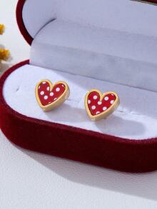 3 Pairs/1 Pair Fashion Black, White, Red Polka Dot Pattern Zinc Alloy And Acrylic Heart-Shaped Stud Earrings For Women, Suitable For Daily Wear - Multicolor - View 5