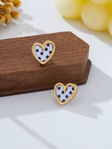3 Pairs/1 Pair Fashion Black, White, Red Polka Dot Pattern Zinc Alloy And Acrylic Heart-Shaped Stud Earrings For Women, Suitable For Daily Wear - Multicolor - View 7