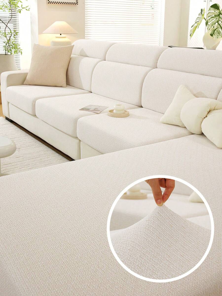 1pc Solid Color Elastic Jacquard Sofa Cushion Cover, L-Shaped Sectional Sofa Cover, Independent Sofa Back Cushion Cover, Dirt-Resistant & Non-Slip & Easy To Wash, Suitable For Living Room Decor, Furniture Protection Cover, Multiple Size Options - Pearl White - View 1