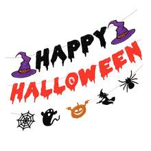 3pcs Halloween Hanging Banner Decoration, Happy Halloween Garland With Witch Hat, Ghost, Spider Web, Pumpkin And Bat Patterns, Scary Party Supplies, Suitable For Home Door Wall Window Decoration, Cute Horror Theme Indoor Outdoor Holiday Decoration Accessories - View 3