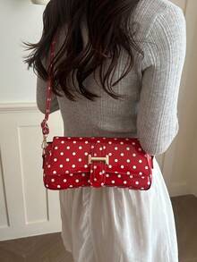Women's Polka Dot Patent Leather Flap Crossbody Bag With Gold Buckle Adjustable Shoulder Strap, Casual Daily Shoulder Bag - Red - View 3