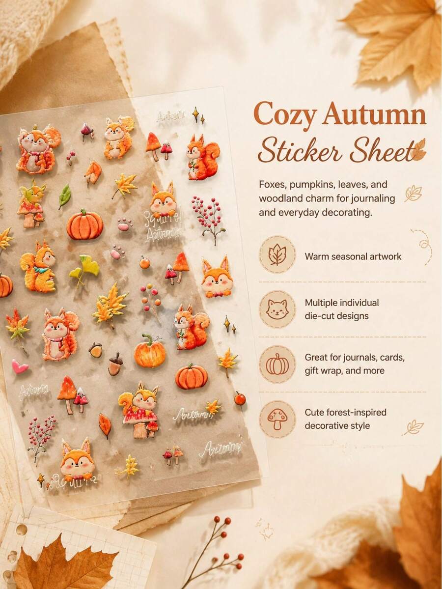 1 Set Autumn Squirrel Pumpkin Maple Leaf Decorative Stickers, Transparent Lightweight Decor Stickers Suitable For Nail Art And Various Scenes - Autumn Stickers - View 1