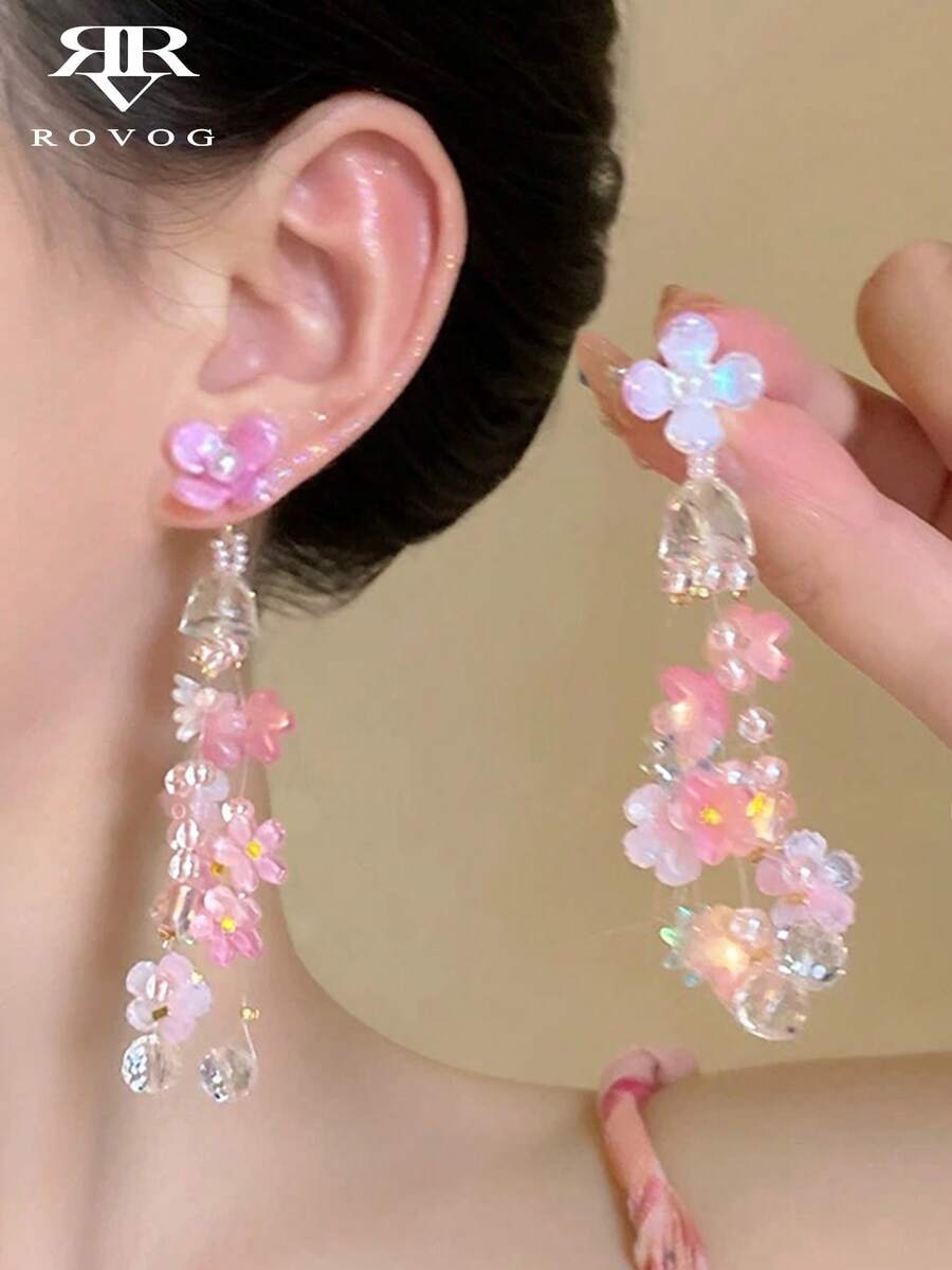 1對優雅甜美花卉流蘇耳環，適合女性度假與旅行穿搭