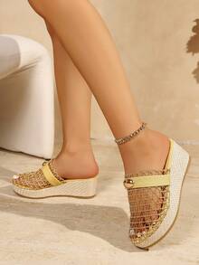 Women's Summer Mesh Lightweight Breathable Fashion Daily Vacation Comfortable Versatile Wedge Heel Thick Sole Sandals - Yellow - View 4