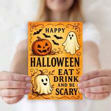 1 Grußkarte + 1 Umschlag Gruselige Halloween Grußkarte, Kürbis und Geist Design "Essen, Trinken und Gruselig sein", perfekt für Freunde, Halloween Festlicher Vintage Stil. - Übersicht 4