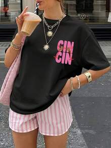 T-shirt Estiva Casual da Donna - Stampa con Lettere CIN, Collo Tondo, Adatta per Uso Esterno, Stile Y2K Street, Estetica Punk, Ritorno alla Stagione, Viaggi, Club, Palestra, Sport - nero - Visualizzare 3