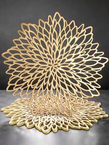 12pcs Gold Flower 15-Inch Round Placemats, PVC, 3.94-Inch Round Hollow Flower Coasters, Washable, Easy Clean, Wipe-Clean, Non-Slip, Heat-Resistant, Suitable For Room Decor, Dining Table Decor, Home Decor, Holidays, Parties, Birthdays, Weddings And Dinners - Multicolor - View 3