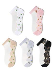 ZUJO 5 Pasang Kaos Kaki Pendek Jala Transparan Wanita, Motif Bunga & Berlian, Cocok untuk Pemakaian Sehari-hari di Musim Semi, Gugur, dan Musim Panas, Minimalis, Warna Acak - MultiWarna - View 5
