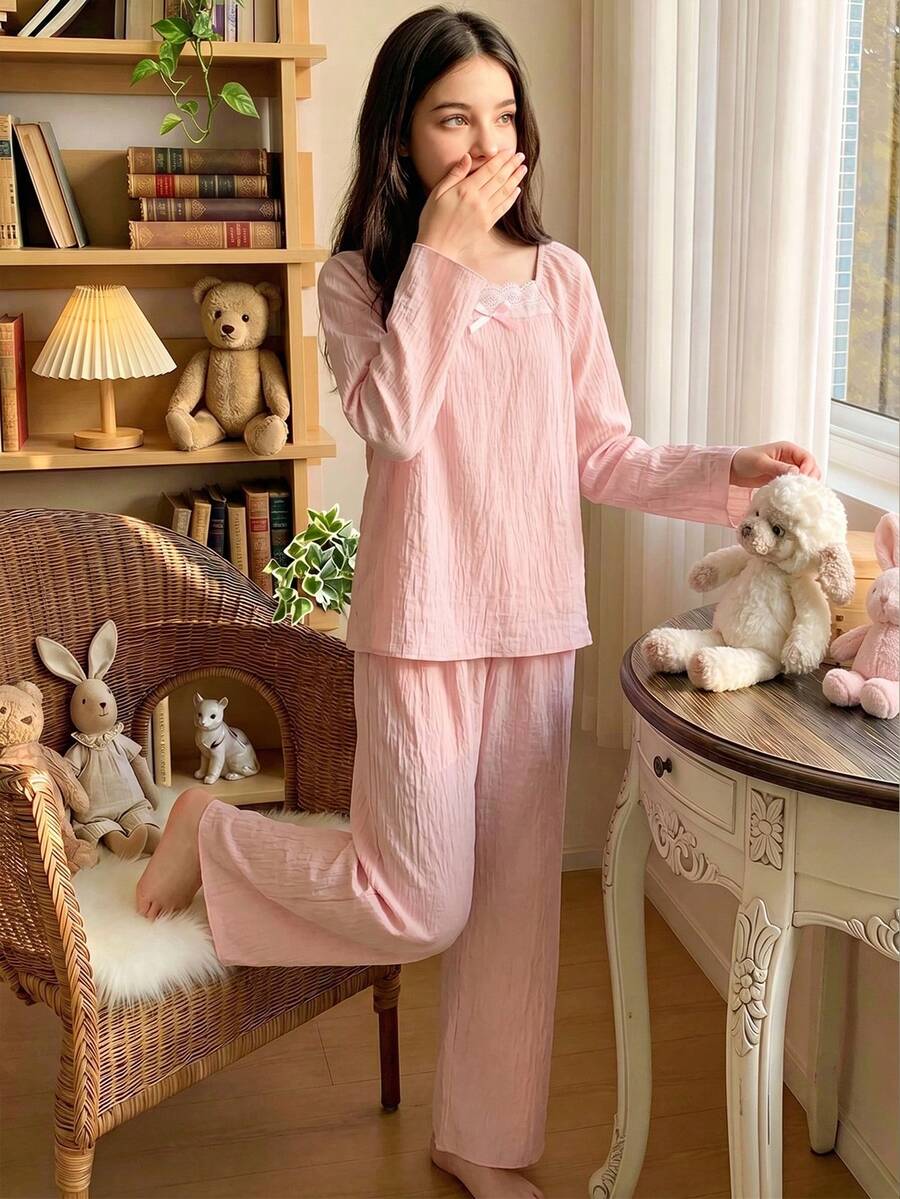 Elegant Court-Style Pink Square Neck Lace Bow Long-Sleeve Long Pants Pajama 2 Pieces Set For Girls, Princess-Style Loungewear For Spring And Autumn - Pink - View 1
