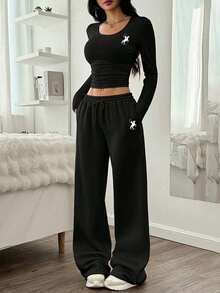 Youth Girl Cartoon Print Round Neck Long Sleeve Slim Fit Cropped Base Layer Top And Pants - Black - View 1