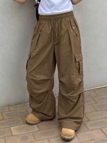 1pc Boys' American Outdoor Style Multi-Pocket Drawstring Wide Leg Loose Casual Long Pants - Brown - View 1