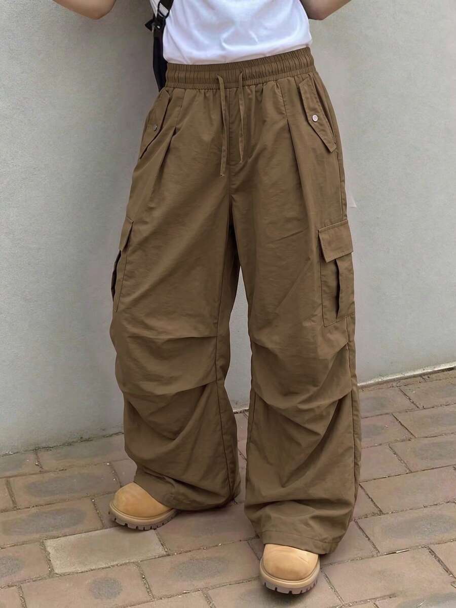 1pc Boys' American Outdoor Style Multi-Pocket Drawstring Wide Leg Loose Casual Long Pants - Brown - View 1