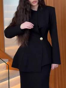 Women's Elegant Commute Long Sleeve Open Front Waist-Cinching Blazer (With Shoulder Pads) Solid Color Office Daily Autumn/Winter - Black - View 8