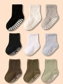 6 Pairs Random Color Non Slip Dot Crew Socks For Kids, Black White Grey Basic Toddler Walking Socks, Soft Cozy Practical Newborn Essential Fall Style - Multicolor - View 1