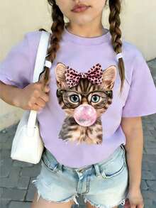 Tween Girl Casual Fun Graphic Print Crew Neck Short Sleeve Pullover T-Shirt Summer Top - Mauve Purple - View 2