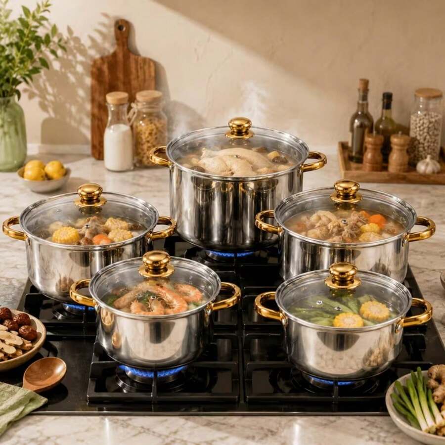 5pcs Stainless Steel Cookware Set (5 Pots + 5 Lids) - Suitable For Dorm/Camping Use | Dishwasher , Compatible With All Stove Types, Essential For Camping | Durable Kitchen Tools, Camping Stove, Camping Cooking Set