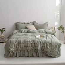 Sage Green Gingham Duvet Cover King, 3-Piece Ruffled Bedding Set - 100% Washed Cotton, Breathable Lightweight Fabric - Farmhouse Boho Chic Variant 1 - 002 Ruffle- Green Gingham - View 4