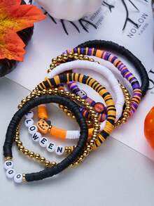 7pcs Halloween Pumpkin Ghost Letter Beaded Bracelet Set, Elastic, Halloween Statement Jewelry, Gift - Multicolor - View 3