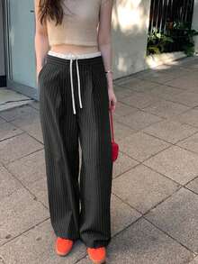Spring/Autumn Vintage Niche Patchwork High Waist Tie-Up Versatile Slimming Striped Casual Wide Leg Long Pants - Dark Grey - View 5