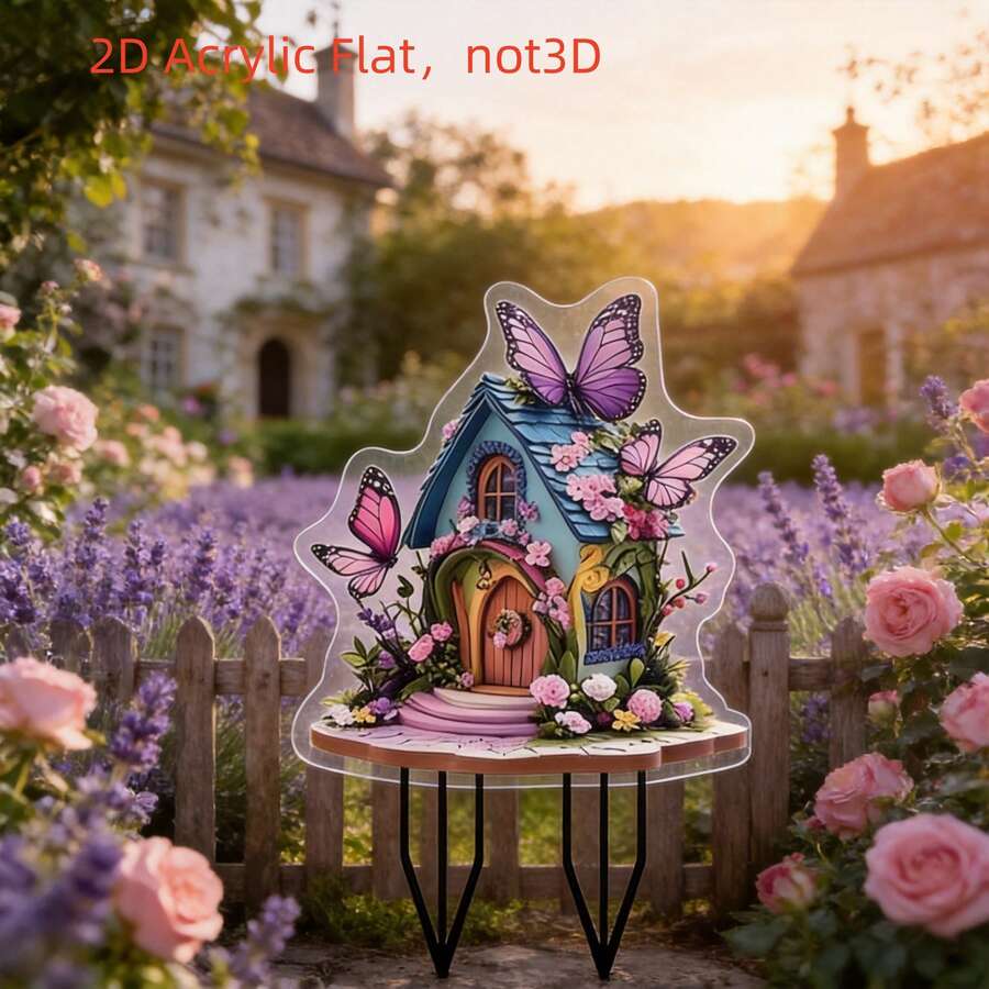 1pc, 2D Flat, Magic Fairy Garden Cottage - Butterfly Cottage Shape, Sturdy Ground Stake Base Suitable For Patio, Balcony Or Garden - Durable Acrylic Structure, - Ideal Gift For Fairy Garden And Magical Landscape - Fantasy Bohemian/Pastoral Style, 2D Flat, - A - View 1