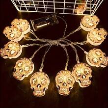 1pc 10 LED Skull String Lights With Vibrant Floral Pattern - Battery Powered (Batteries Not Included), Suitable For Halloween, Day Of The Dead, Haunted House And Home Decor - Plastic Material, Switch Control, No Plug Required, Halloween Decoration - Multicolor - View 4