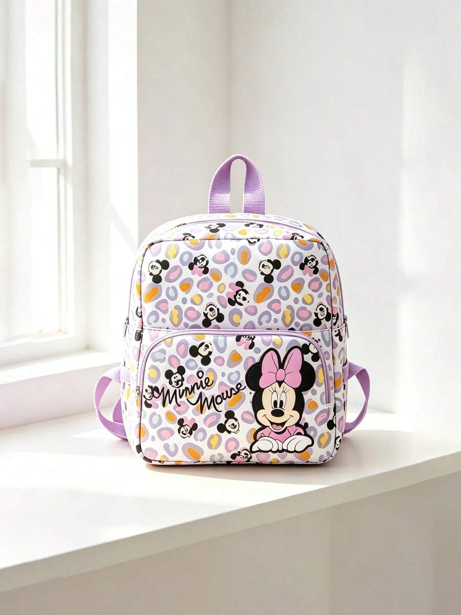 Disney 1pc Minnie Mouse Patch Mini Backpack, Colorful Leopard Print School Daypack, Multi-Pocket Casual Rucksack, Suitable For Girls/Students/Teenagers/Young People/Fans, Perfect For Back To School/Daily Outings/Shopping - Multicolor - View 1